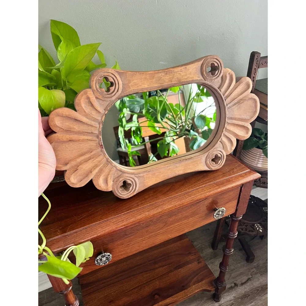 Vintage Carved Wood Wall Mirror Scalloped Frame Quatrefoil Detail 19x10
